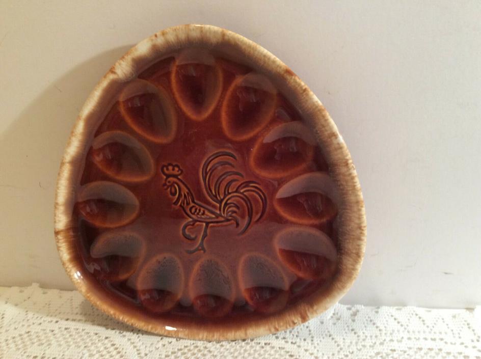 Hull Vintage Hull USA Deviled Egg Plate Brown Drip Rooster Triangular 9.5