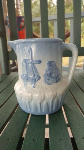 Antique. Hull blue white stoneware salt glaze crock pitcher windmill Nice