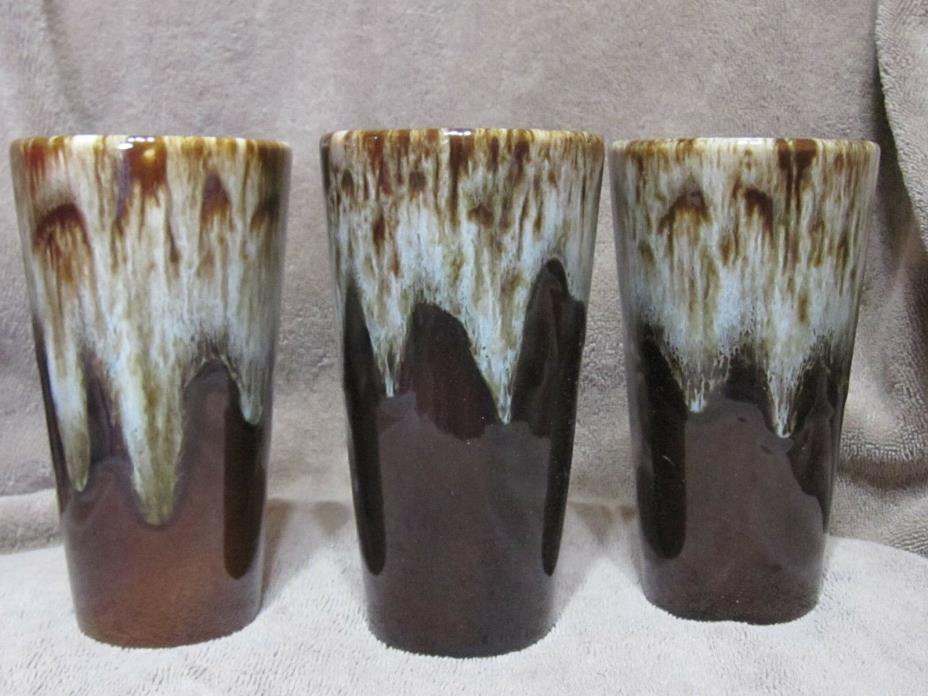 USA  Pottery Glazed Brown DRIP 3 TUMBLERS/ Cups 8 oz tea Water Glasses