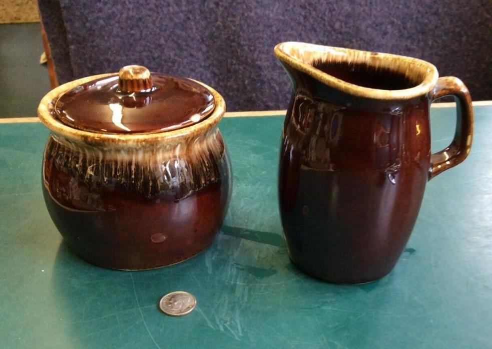 Vintage Hull Brown Drip Creamer and Sugar Bowl with Lid Ovenproof USA