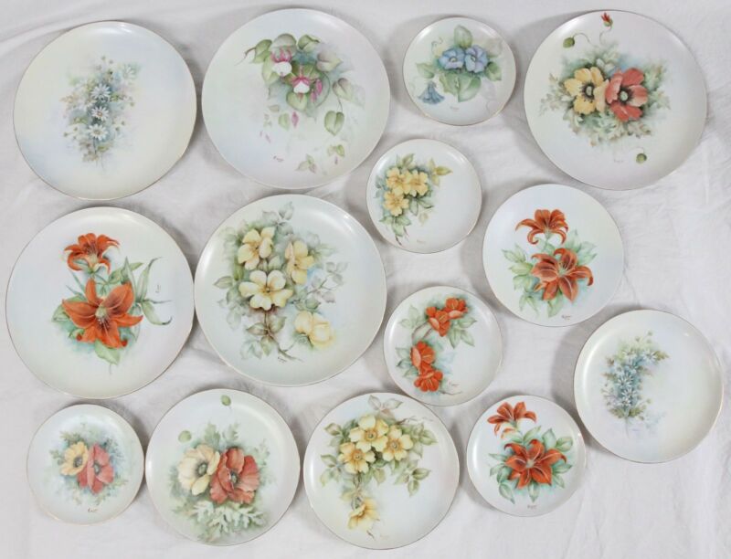 Vintage Lot (14) Hand Painted Floral Signed Porcelain Plates Hutschenreuther