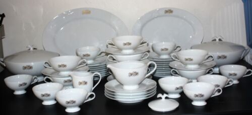 HUTSCHREUTHER Fleuron Blanche 52-pcs Platters Cups Plates Bowls Monogrammed VTG