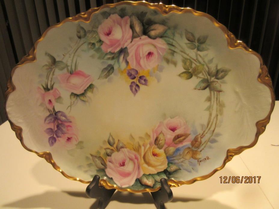 GORGEOUS HUTSCHENREUTHER HANDPAINTED PLATTER; MULTI-COLORED ROSES, EXCELLENT