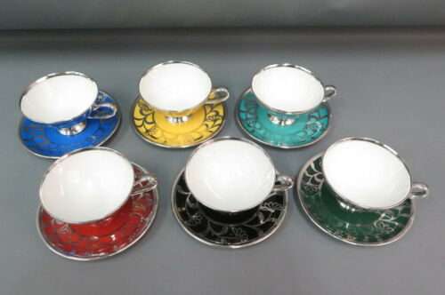 12 Pc. Hutschenreuther Spahr Porcelain w/ Silver Overlay Tea Cups & Saucers