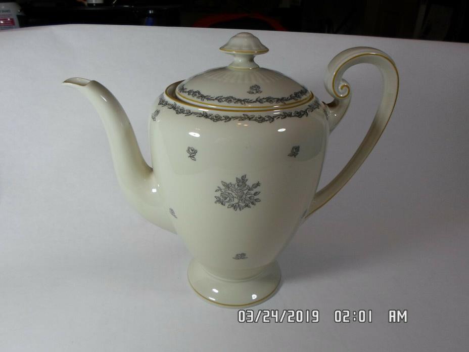 VTG Tirschenreuth Bavaria Coffee Pot with Lid White w/ Gray Flowers, Mustard Trm