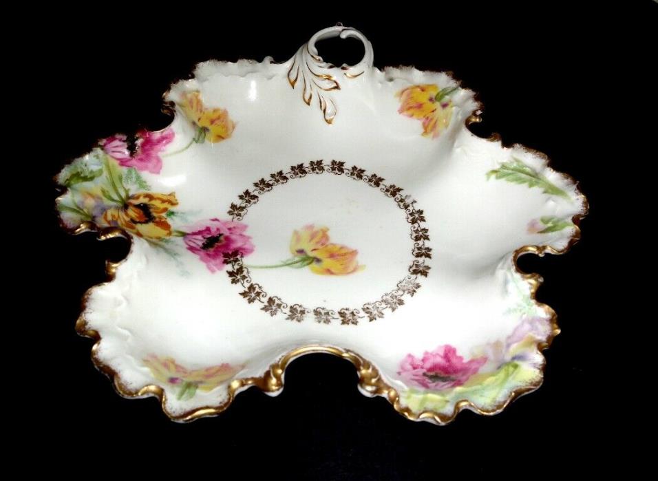 Vintage Victorian Art Nouveau Candy Dish w Handle Frilly Ruffled Edges Flowers