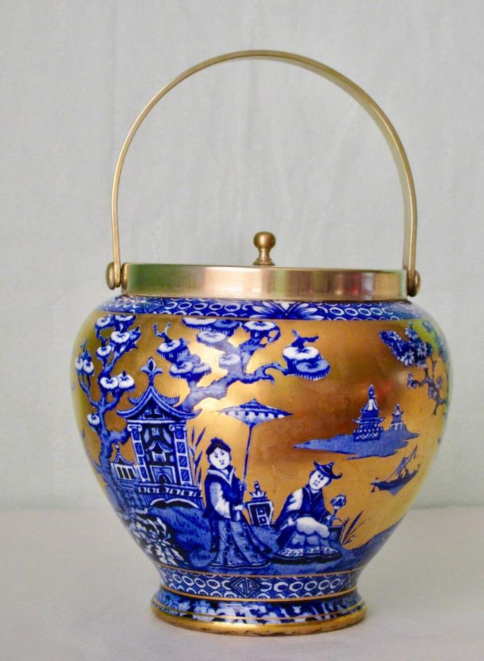 James Kent Antique Blue Gold Gilt Chinoiserie Pattern Cookie Jar ca 1910