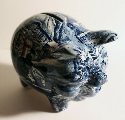 Porcelain Piggy Bank James Kent Staffordshire England Blue White Old Foley VTG
