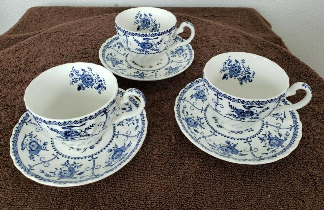 3 Sets Vtg Johnson Bros England INDIES Ironstone Cup & Saucers Blue and White