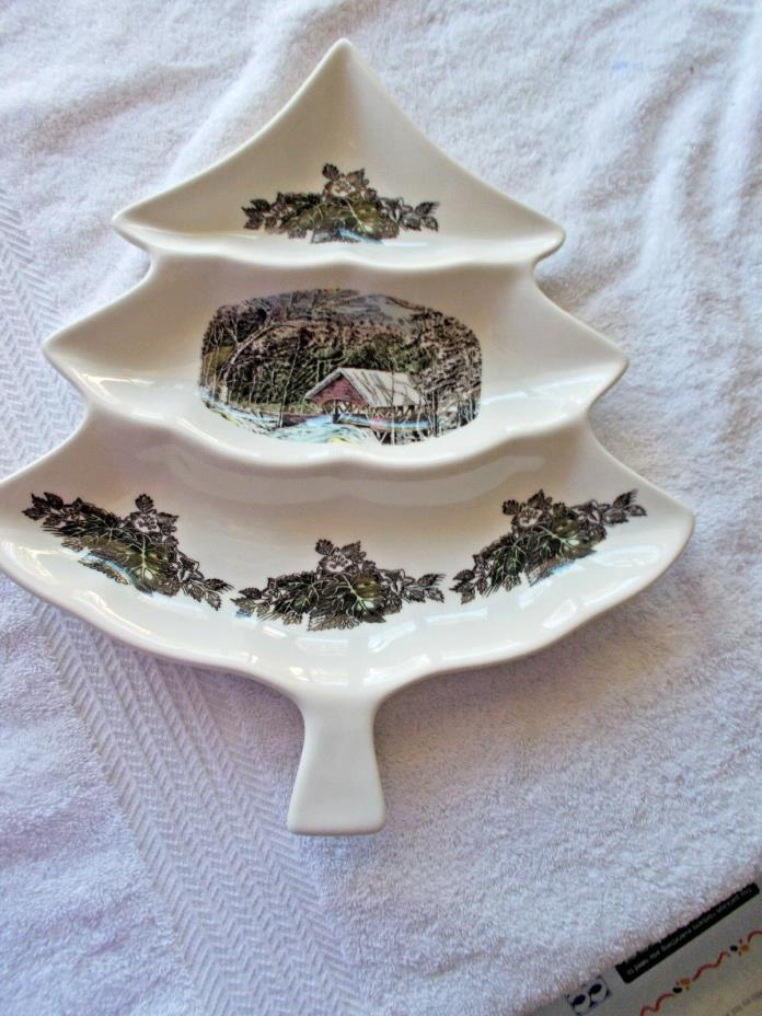 Johnson Brothers Friendly Village Covered Bridge Tree Shaped Serving Tray 14