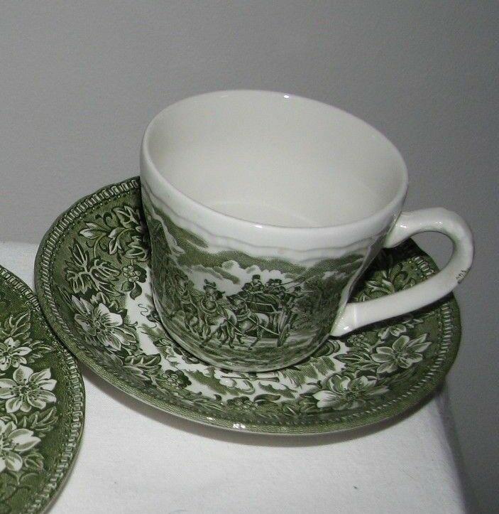 green transferware cup & saucer  England vintage COACHING TAVERNS