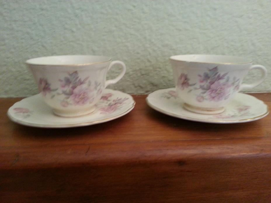 2 Edwin Knowles Cups & Saucers Semi Vitreous, Pink Floral, collectible