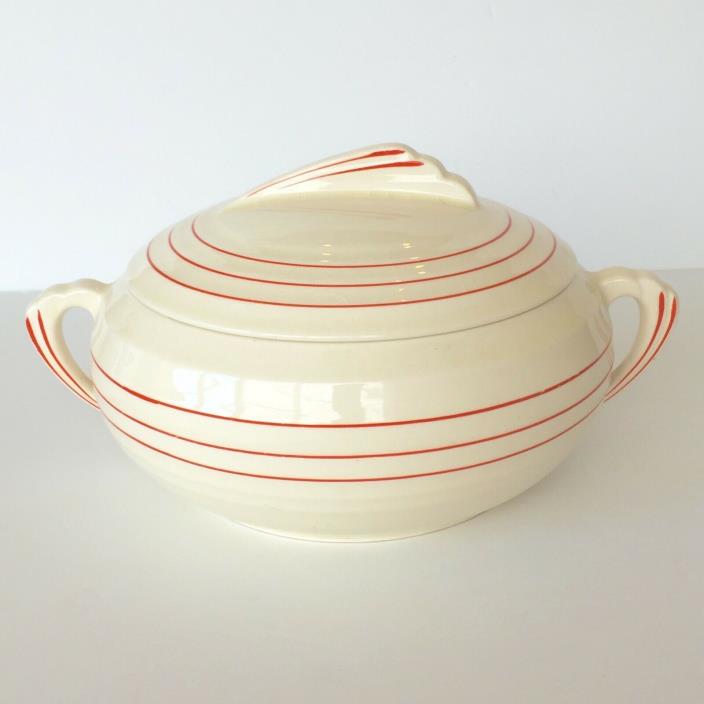 Vtg Knowles Yorktown covered serving dish bowl red & white stripe Art Deco 1930s