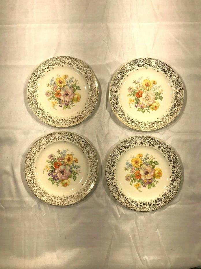 Edwin M Knowles Semi Vitreous Set of 4 Floral Gold Leaf Plates