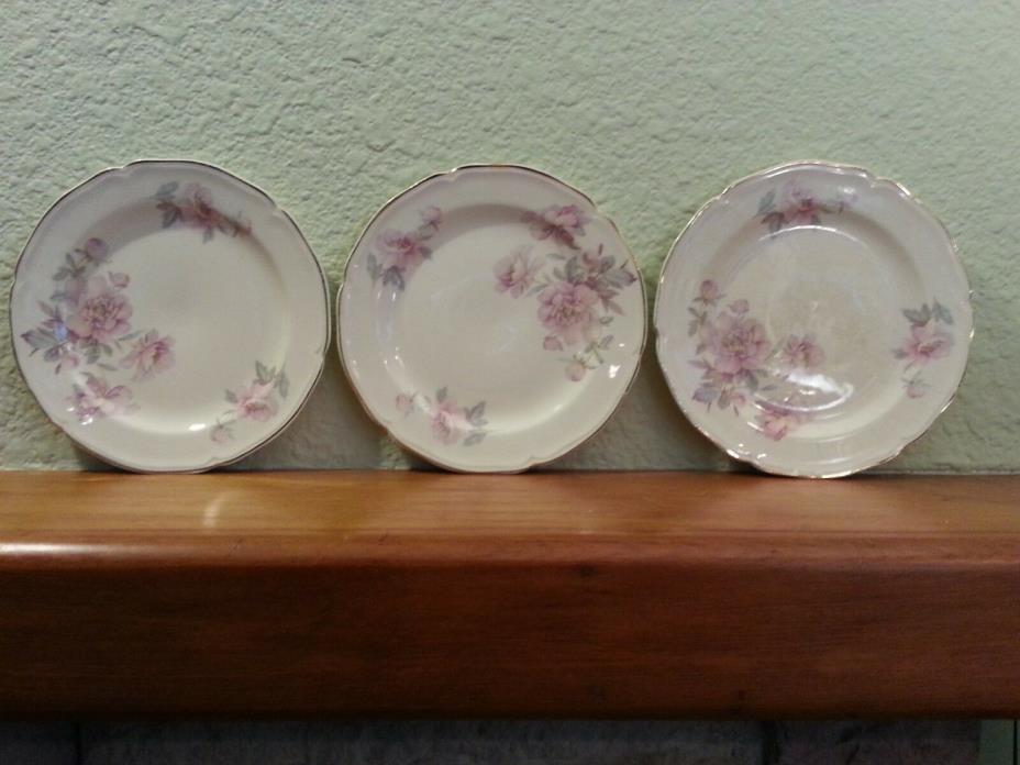 3 Vintage Edwin Knowles China Salad Plates Semi Vitreous Pink Floral #4812