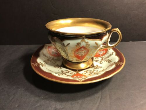 Antique KPM Porcelain Cup & Saucer/ Red, Brown And Gold Gild, Circa 1870