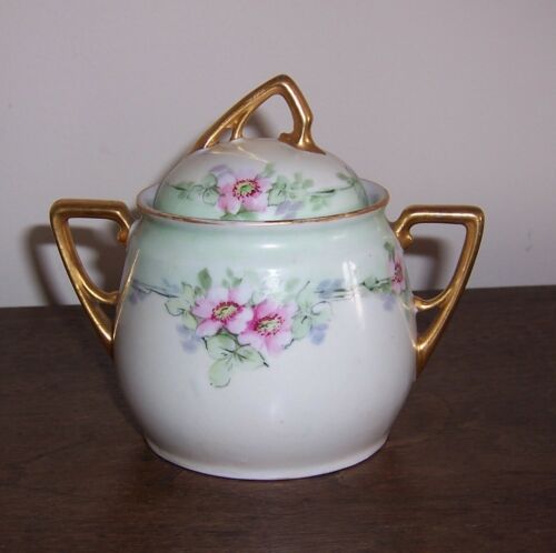 KPM Covered Sugar Bowl - Hand Painted Green with Pink Flowers - Gold Trim