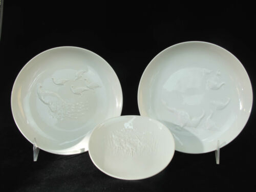 Vintage ARKADIA KPM White Porcelain 3pc Plate Dish BIRDS Peacock Duck Heron Set