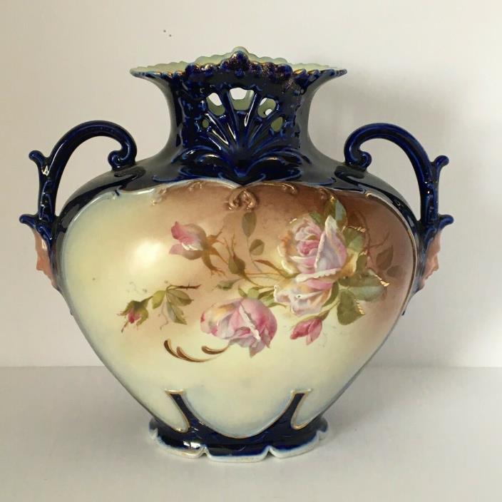 Vintage Large Reticulated Porcelain Vase with Face Handles
