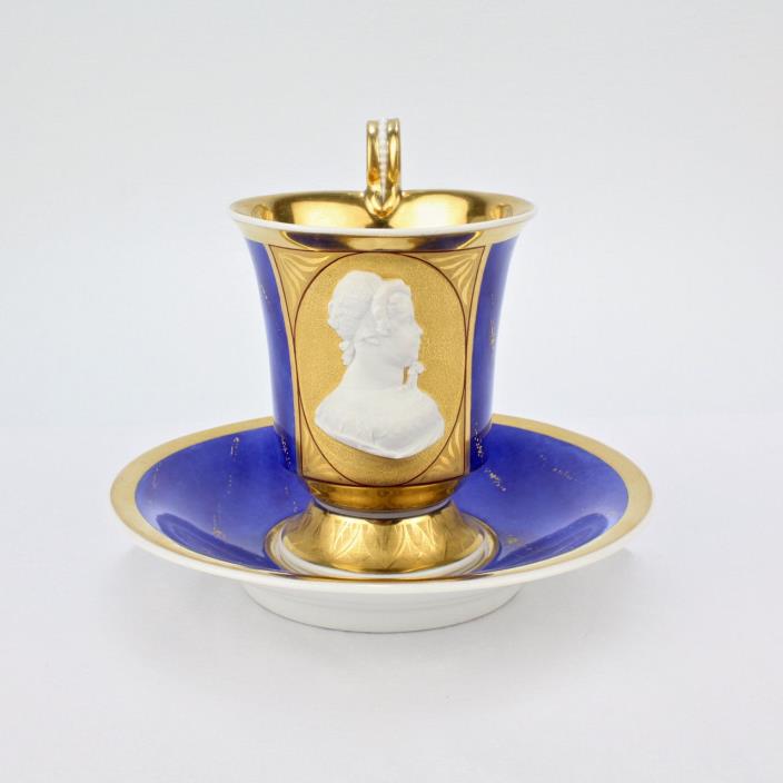 Antique KPM Royal Berlin Porcelain Lapis Blue Cameo Portrait Cup & Saucer - PC