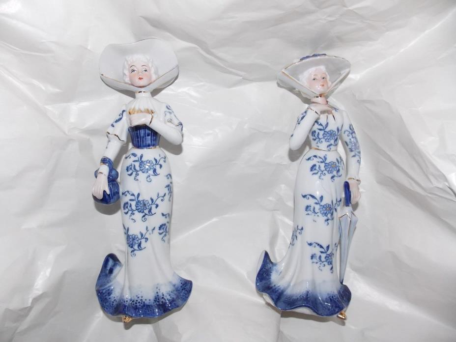 2 Vintage KPM Blue & White Porcelane  Grand Ladies With Large Hats