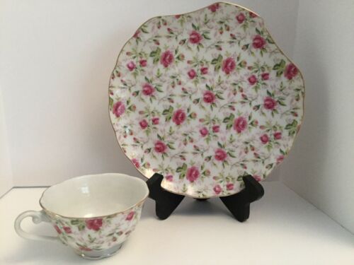 VTG LEFTON Hand Painted China ROSE CHINTZ Plate & Tea Cup Lunch Snack Set NE637