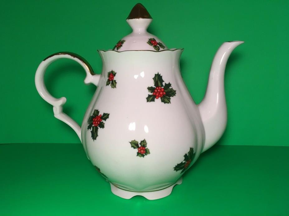 Vintage Lefton China Christmas Holly Leaves & Berries  Teapot 7948