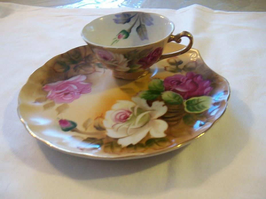 Lefton China Hand Painted Tea Cup & Luncheon Plate  NE 1864FL Flowers gold trim