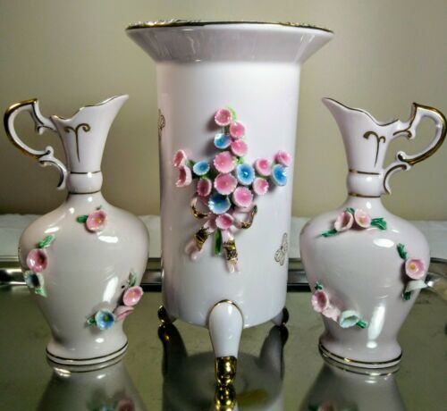 Pink Porcelain Vintage 50s LEFTON China Footed Tall Vase Raised Flowers Set of 3