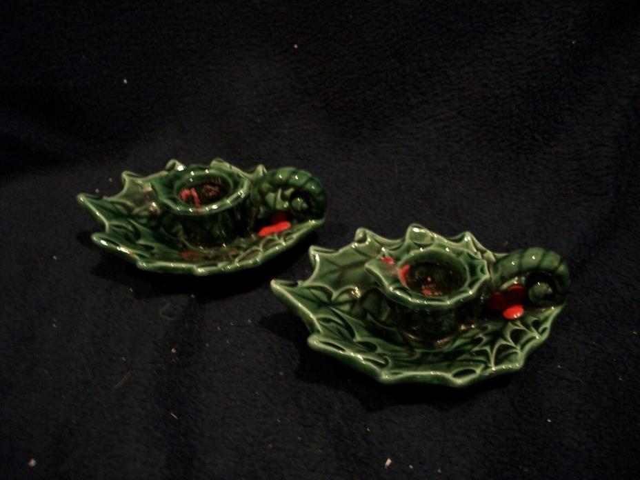 VINTAGE LEFTON GREEN HOLLY LEAF WITH BERRIES FINGER CANDLE HOLDERS 6002