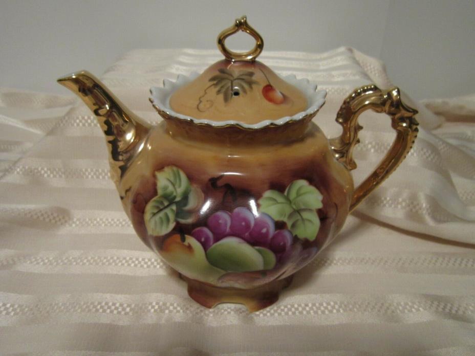 Vintage Lefton Heritage Brown Fruit Pattern Porcelain Teapot NE3113