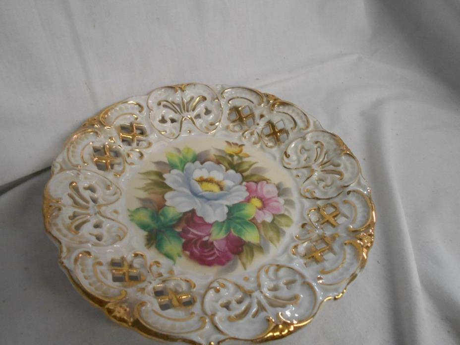 vintage Lefton glass decorative plate white with gold trim and flowers