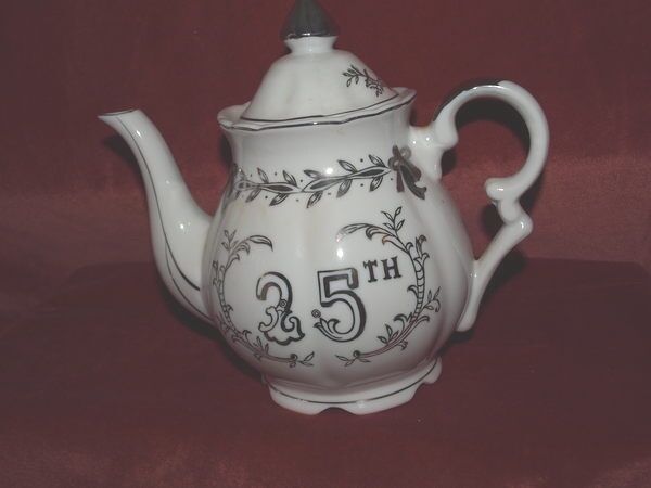 Vintage Lefton  Tea Pot White & Silver Trim  25th Anniversary Bone China