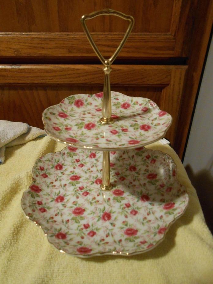 Vintage Lefton's China Floral Rose Two Tiered Tray 10