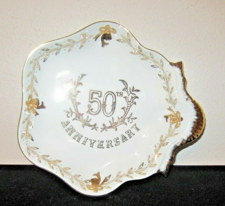 Lefton #7727 Hand Painted Gold 50th Wedding Anniversary Cake/Serving China Plate