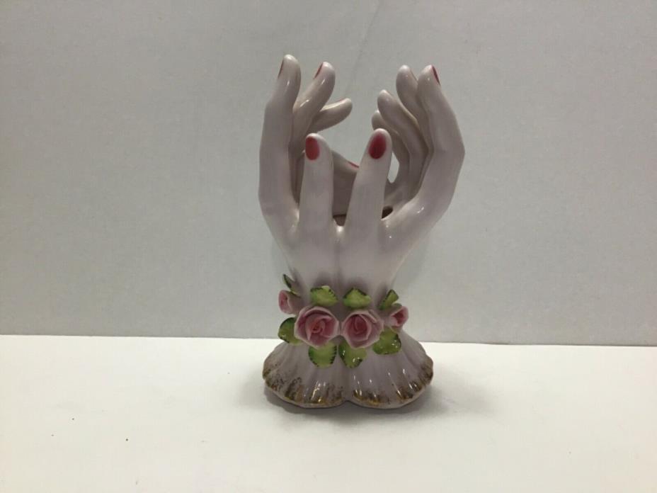Vintage Lefton China Porcelain Hands Planter Vase With Flowers 7” Tall