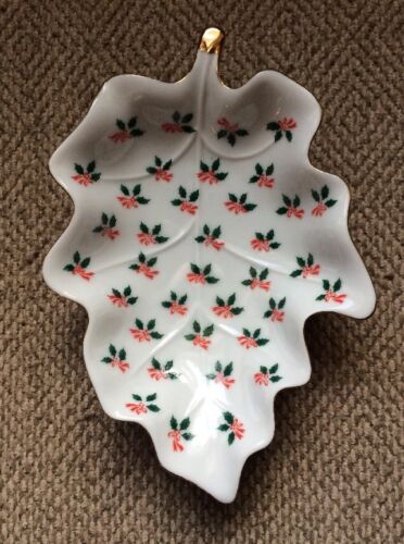 Vintage Lefton Dish Bowl Christmas Holiday Trinket Holly Leaf