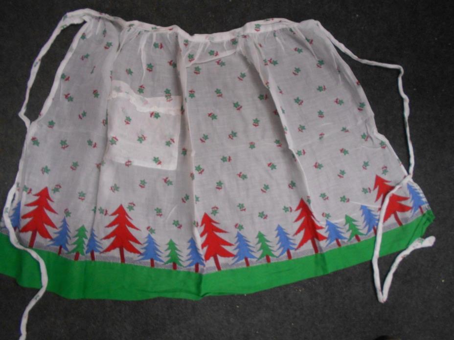 vintage light cotton shear Christmas holiday kitchen half apron Holly & trees