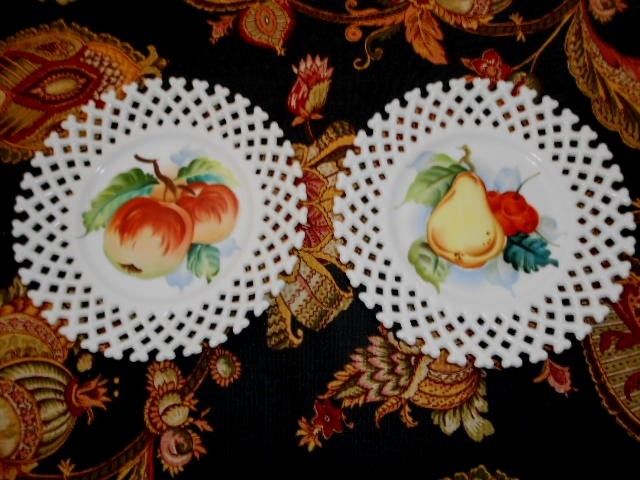 Vintage Lefton Milk Glass Lattice Handpainted Pear, Cherries & Apples Set of 2