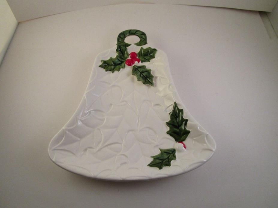 Vintage Lefton White Christmas Ceramic Holly Berry Bell Dish Plate