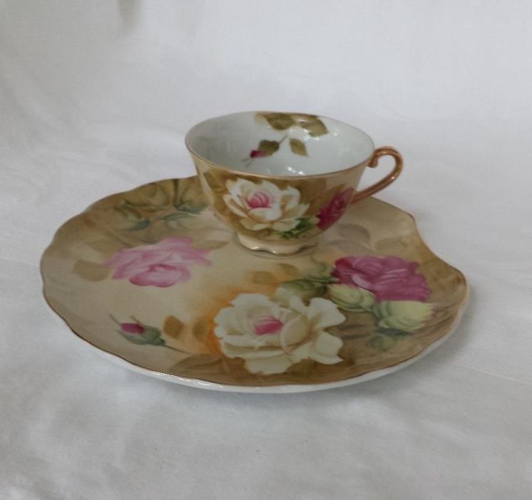 LEFTON Hand Painted China Heritage Brown Floral Plate and Footed Cup Snack Set