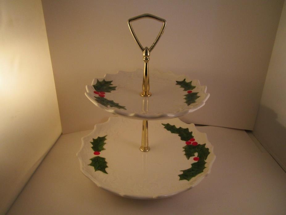 Vintage Lefton White Christmas Ceramic Holly Berry Two Tier Tidbit Tray Server