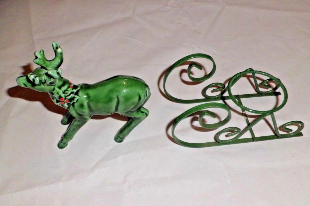 Lefton Holly Green Reindeer Vintage with metal sleigh tealight candle holder