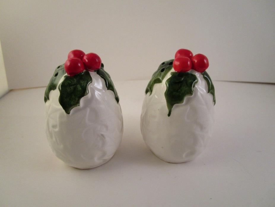 Vintage Lefton White Christmas Ceramic Holly Berry Pair of Salt & Pepper Shakers