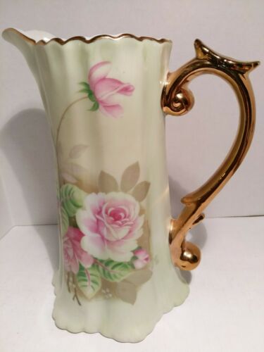 Lefton Green Heritage Pitcher Pink Roses Geen Background Gold Handle