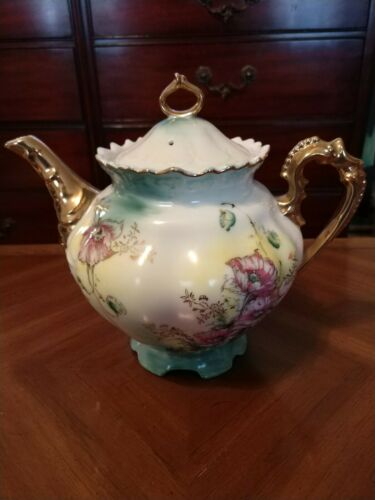 Vintage Lefton Soft Green Yellow Elegant Floral Teapot With Gold Accents EUC
