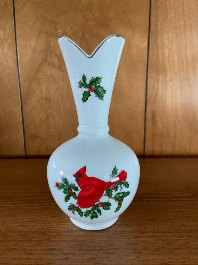 Vintage Lefton Vase 2851 with Cardinals Red Birds Gold Trim Red Label 6.5