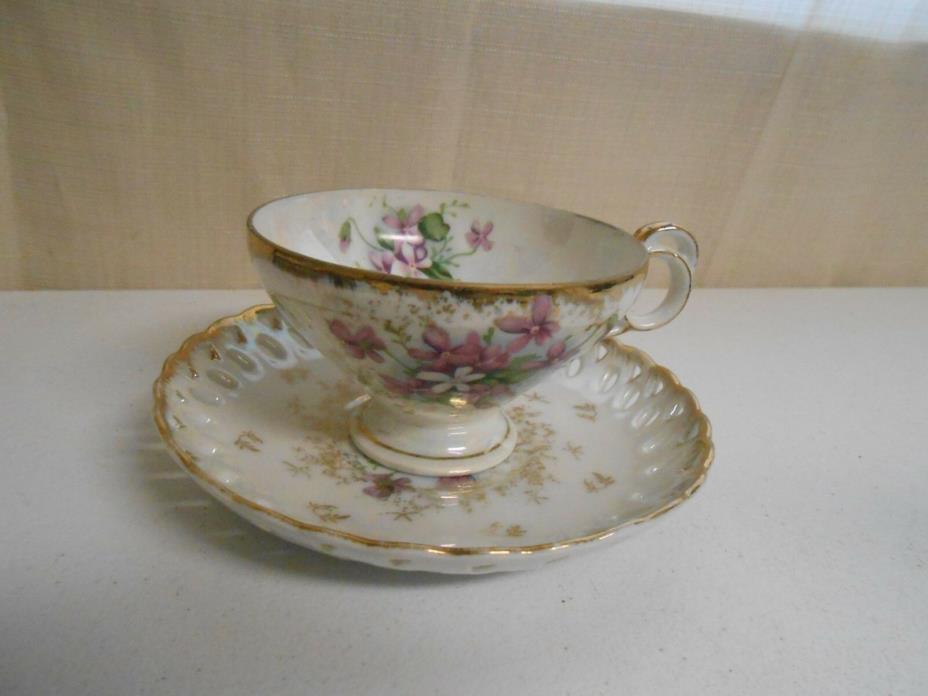 Vintage LEFTON Tea Cup & Saucer Lusterware Iridescent Flowers