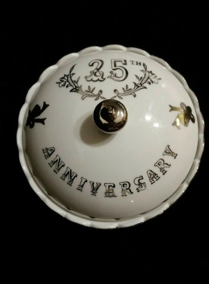 Vintage Lefton 25th Anniversary White and Silver Covered Dish with Lid