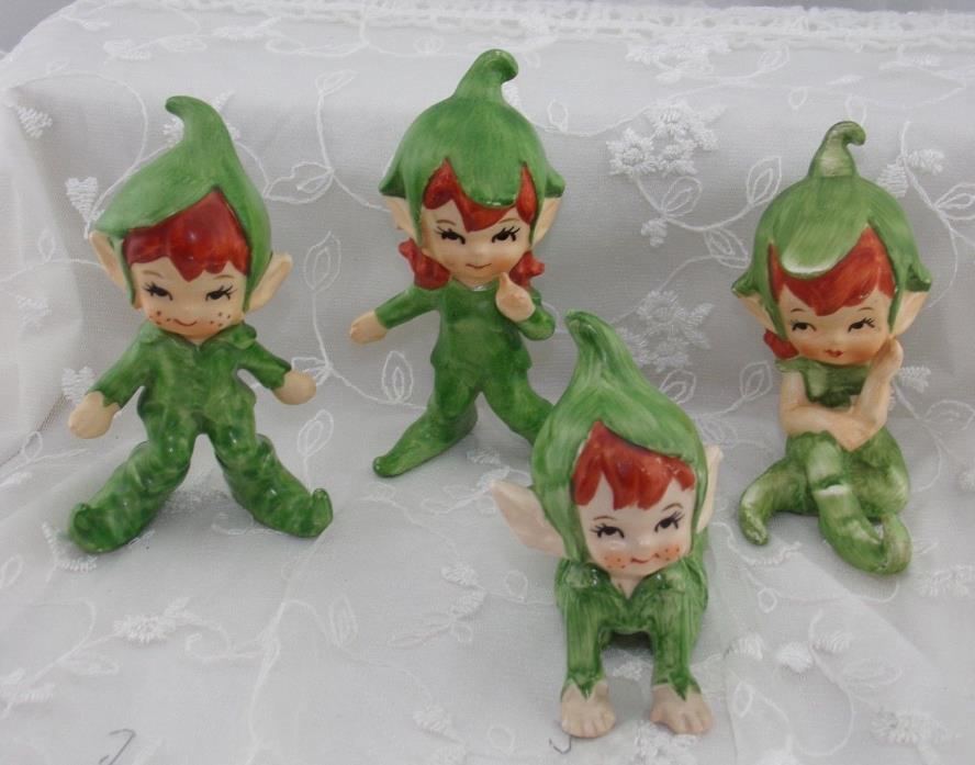 Set of 4 Vintage Lefton Elves / Pixies Green flower Hats